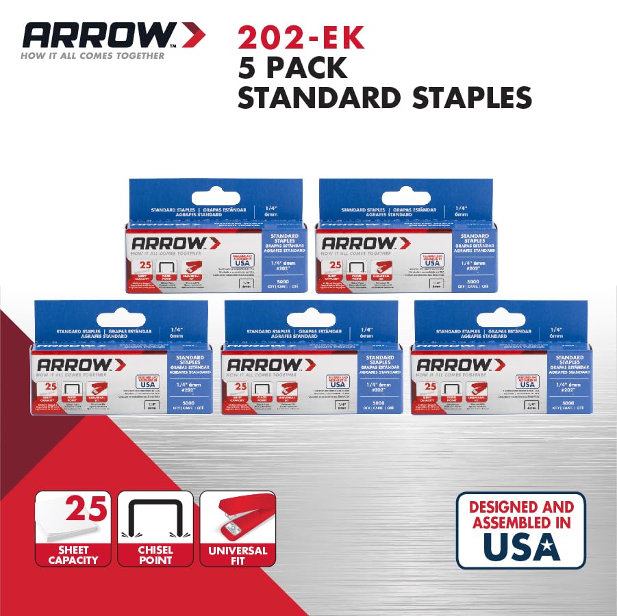 Arrow 202-EK Galvanized Steel Staples for Desktop Staplers, Office Supplies for Business and Classroom Use, 5-Pack 5000