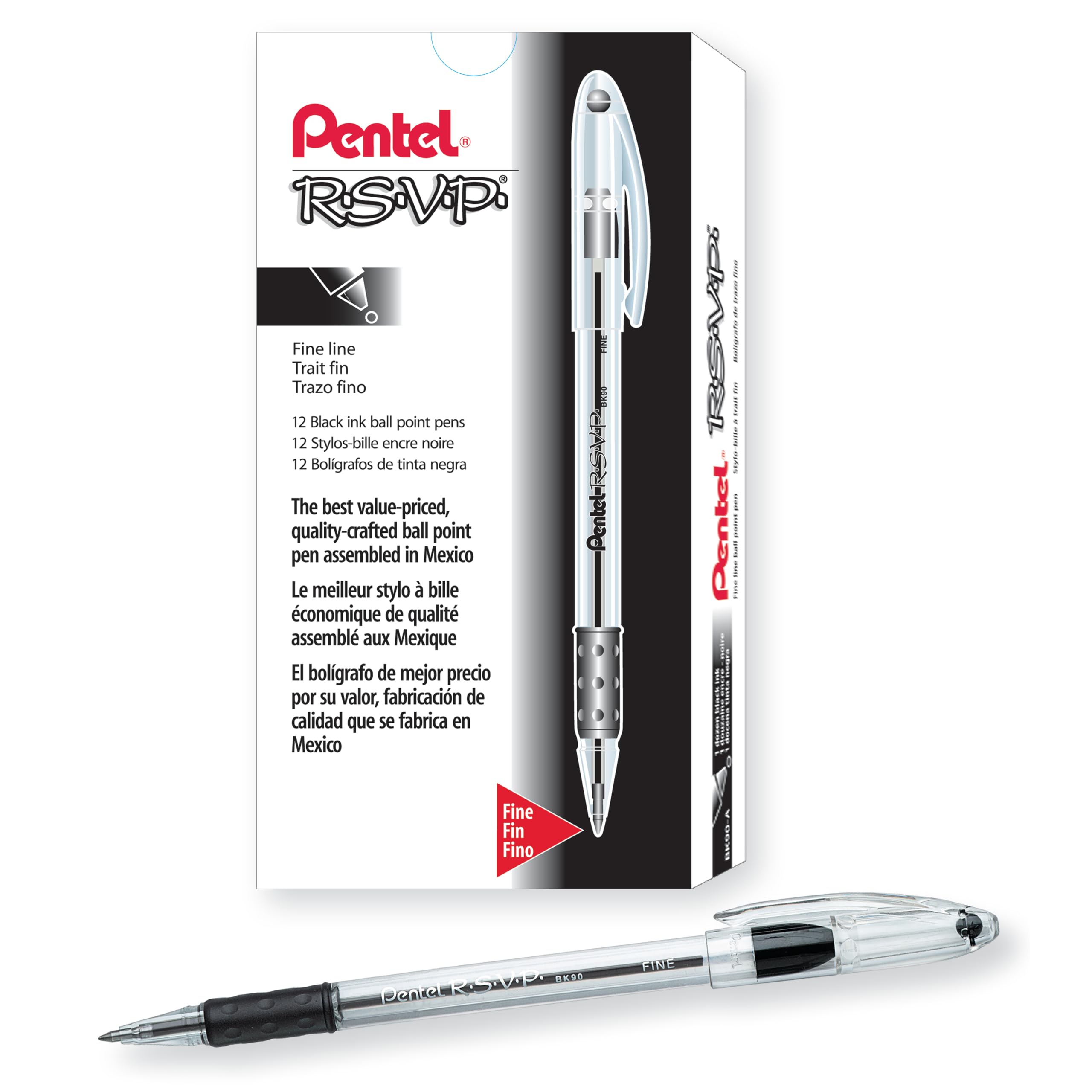 Pentel RSVP Ballpoint Pen Fine Line 0.7mm Black Ink for Office Use 12 Pack Highlight Writing Accuracy Pack of 12 BK90-A